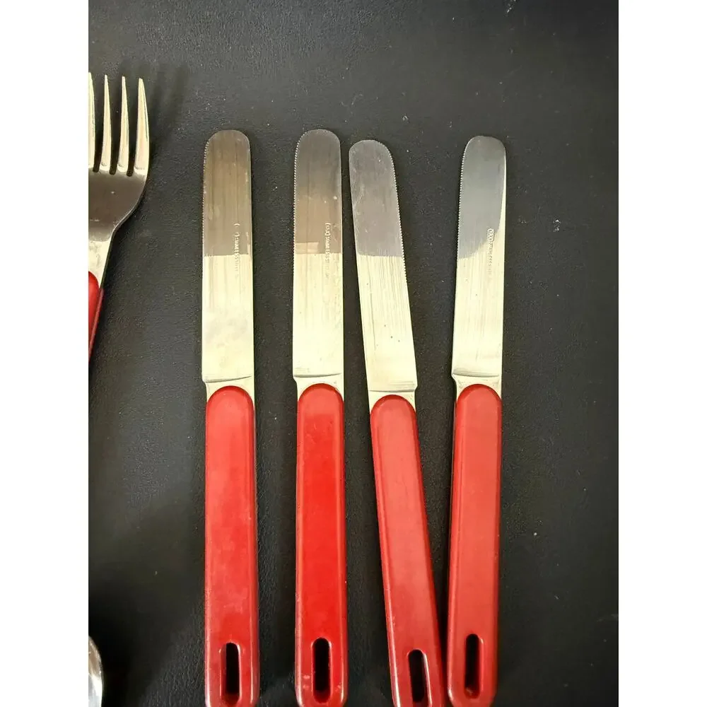 Vintage MCM Red Melanine Handle YAX Flatware Utensil Set